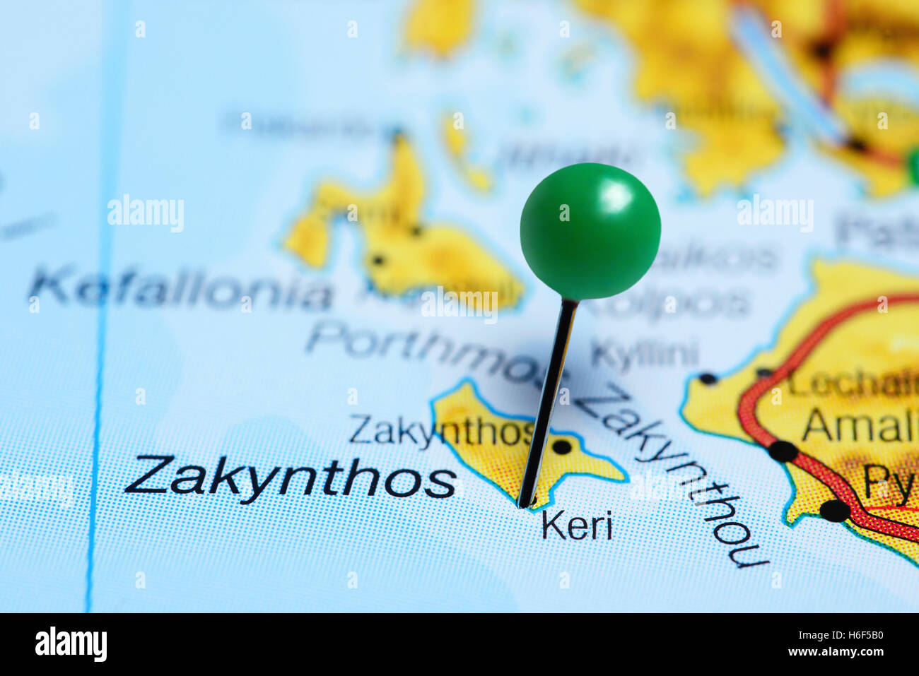Keri fixiert auf einer Karte von Griechenland Stockfoto