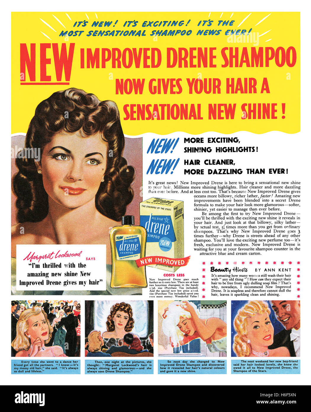 1949 britische Werbung für Drene Shampoo mit Schauspielerin Margaret  Lockwood Stockfotografie - Alamy