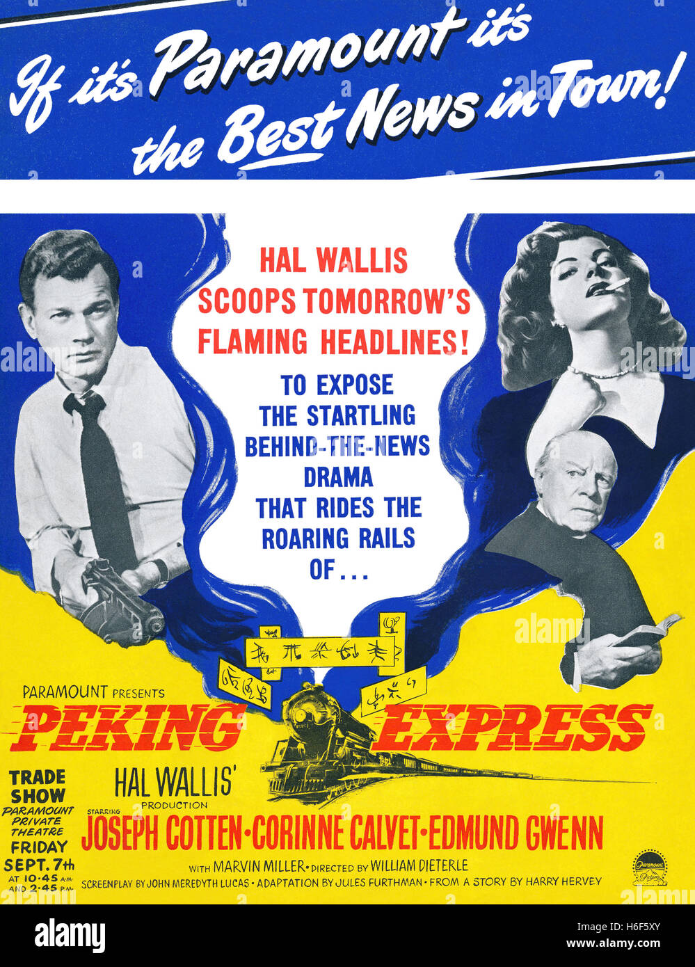 Britische Werbung für den Film 1951 Peking Express mit Joseph Cotten, Corinne Calvet und Edmund Gwenn Stockfoto