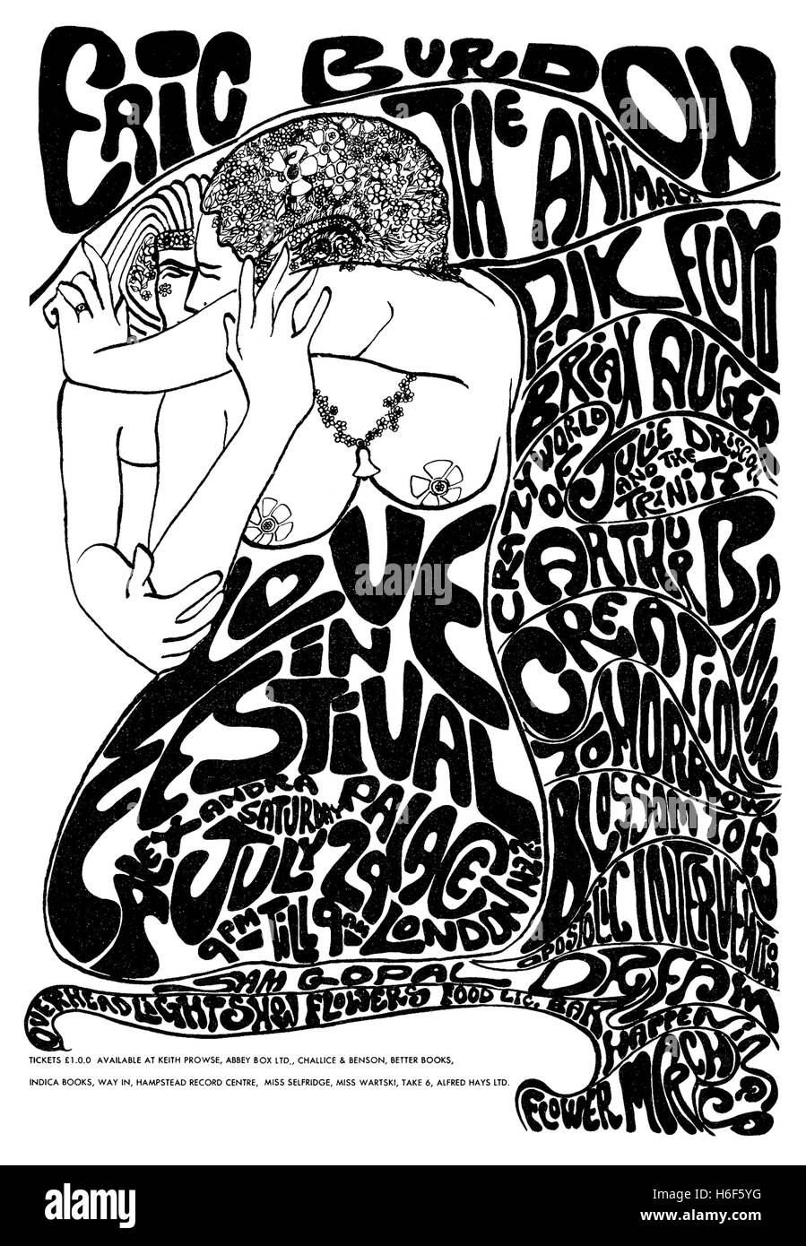 1967 schwarz / weiß psychedelischen Werbung für das internationale Liebe Festival im Alexandra Palace, London, 29. Juli Stockfoto