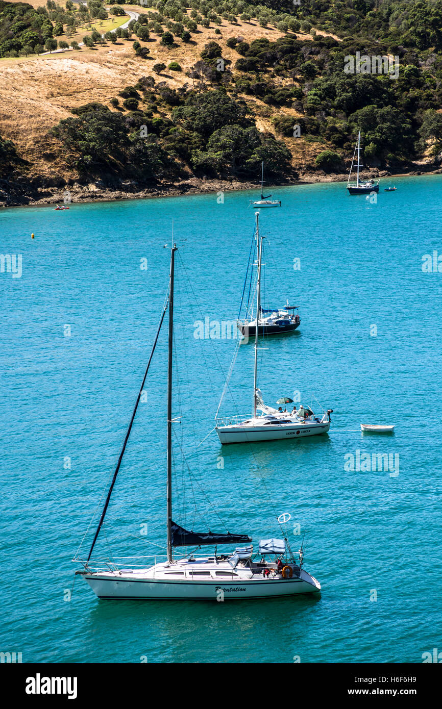 Segelboote angedockt off Shore Waiheke Island in der Nähe von Auckland, Neuseeland. Stockfoto