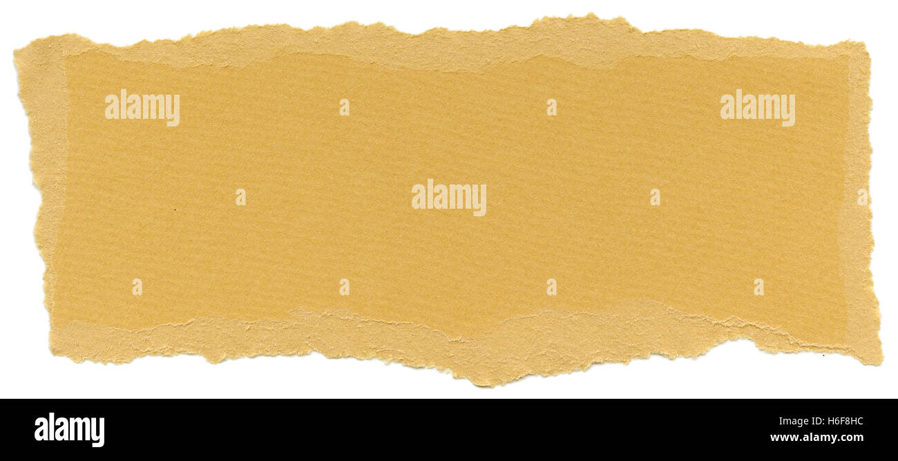 Textur der Ernte gold Faserpapier mit zerrissenen Kanten. Isoliert auf weißem Hintergrund. Gescannt mit 1600dpi mit einer professionellen danken Stockfoto