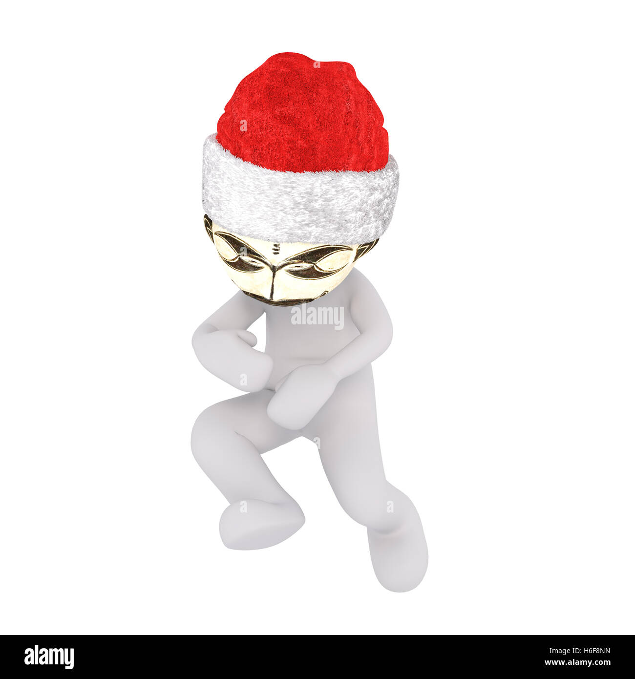 3D illustrierte Mann tanzen trägt glänzende Goldmaske und Weihnachtsmütze vor einem weißen Hintergrund Stockfoto