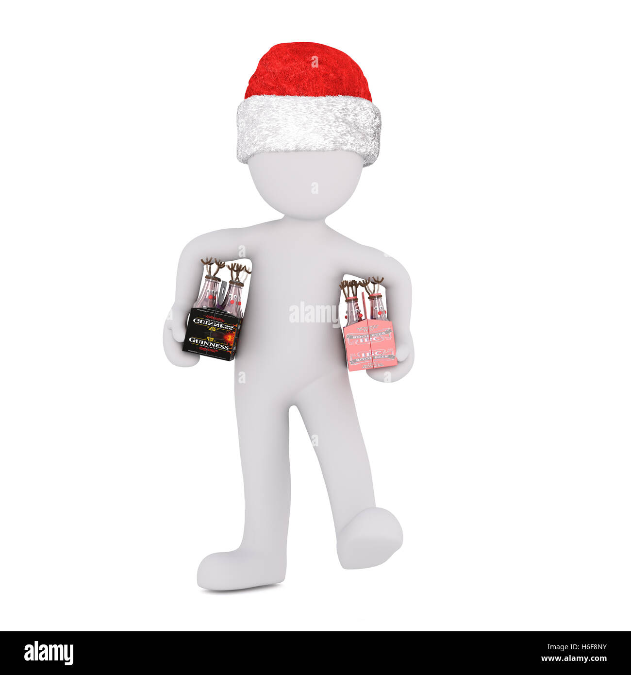 Einzelne 3D Figur hält six-Pack unter jeden Arm dargestellt und trägt Weihnachtsmütze Stockfoto