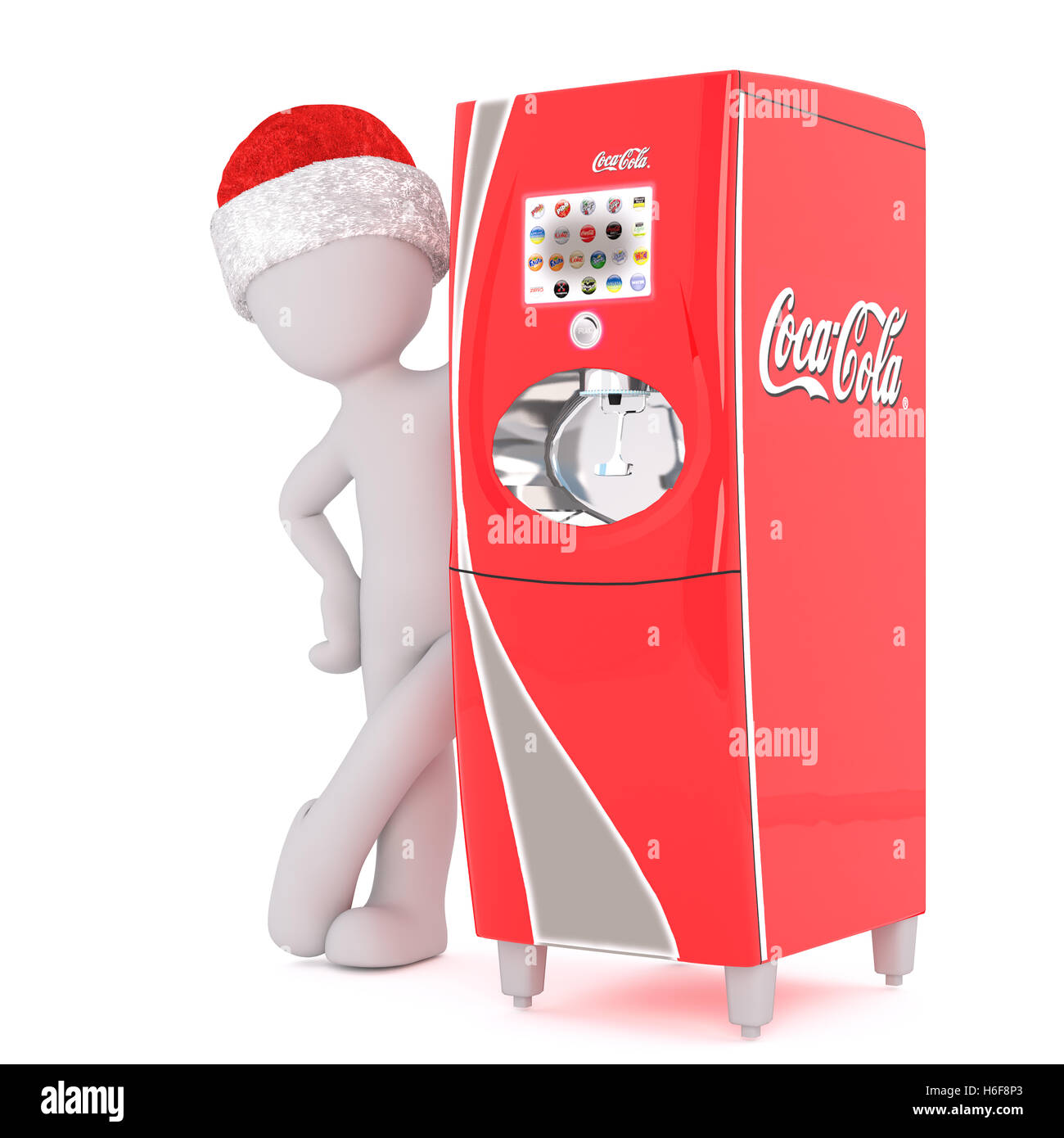 3D illustrierte Mann lehnt sich auf Cola-Automaten und trägt rote Weihnachtsmütze Stockfoto