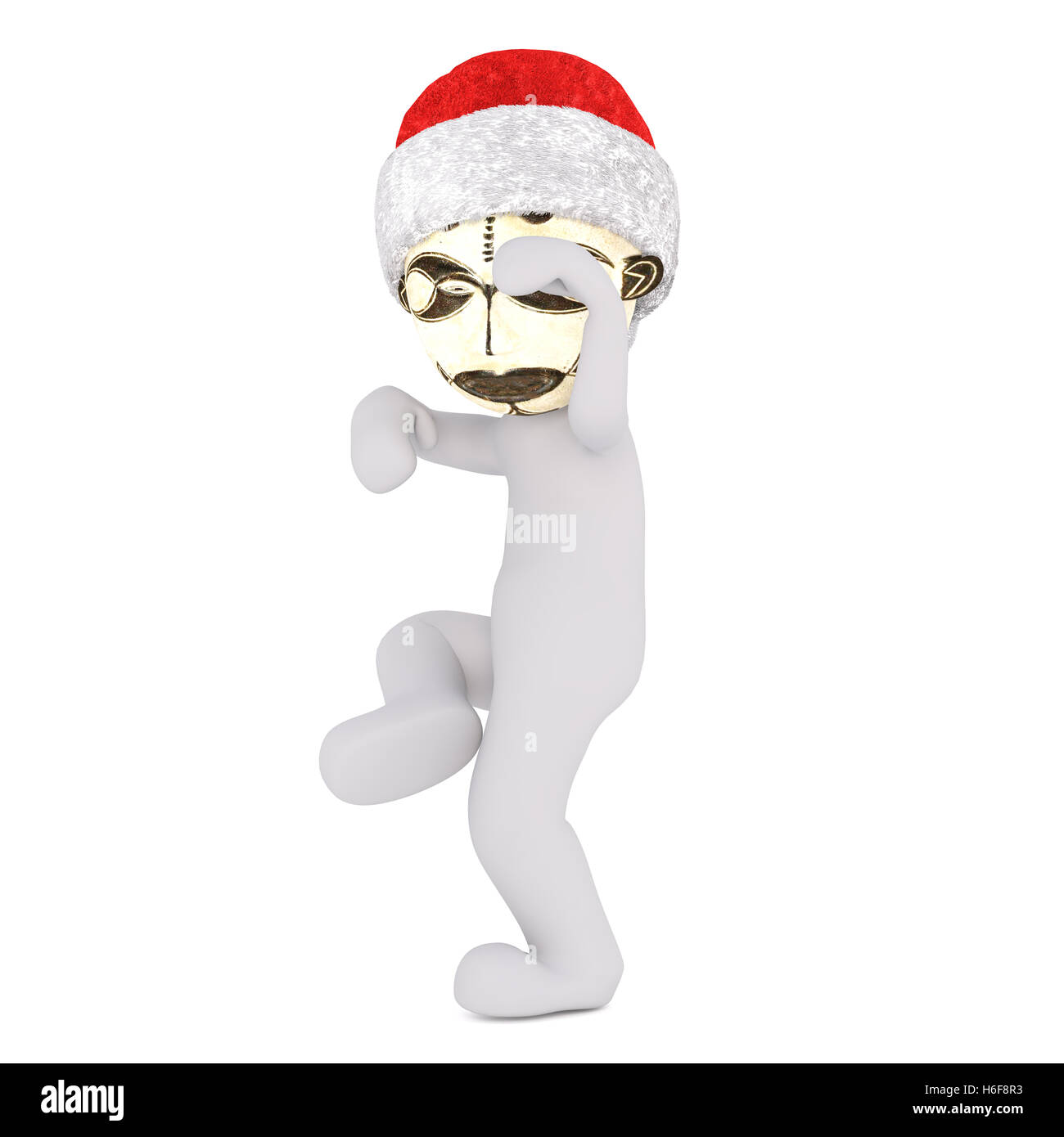 Funky 3D Abbildung dargestellt tanzt mit tribal Goldmaske und trägt Weihnachtsmütze Stockfoto