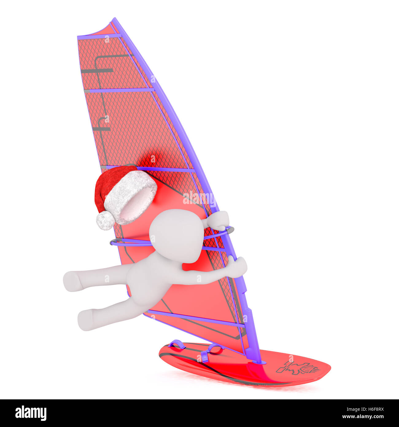 3D Figur hängen für Liebes Leben auf Segelboot mit roter Weihnachtsmütze Urlaub fliegen auf weißem Hintergrund Stockfoto