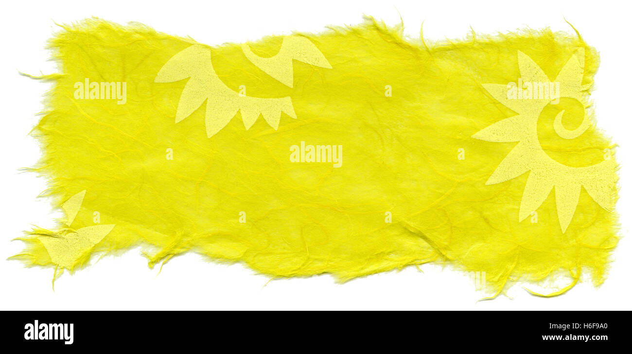 Textur des blauen Tupfen eingebettet in gelbem Reis-Papier mit einem Muster eine abstrakte Form, Verzierung der Oberfläche, als auch Stockfoto