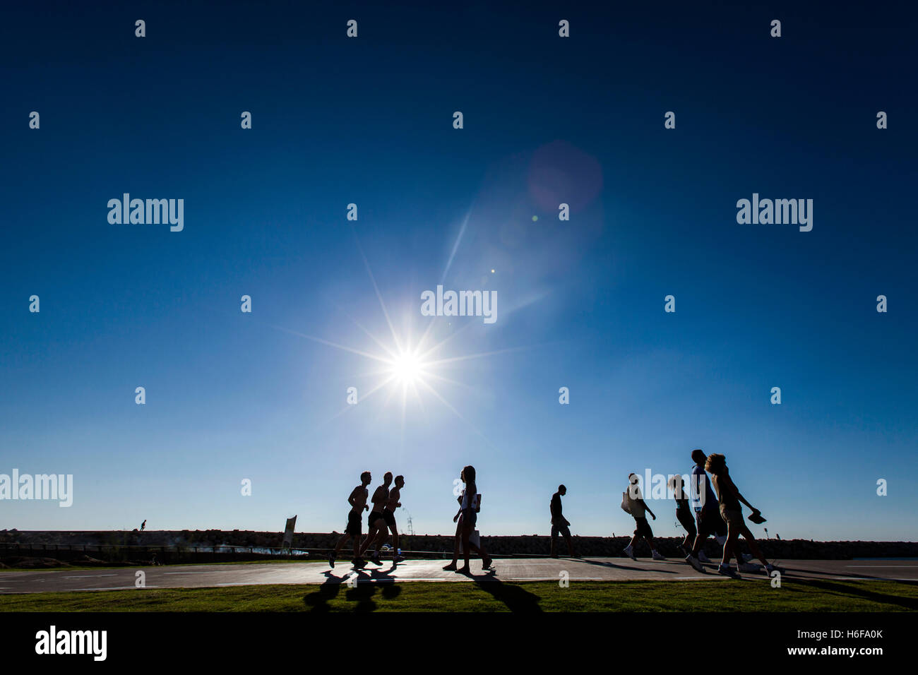 Silhouette von Passanten auf einem Park-Weg an einem klaren Sommertag am Nachmittag Sonne. Stockfoto