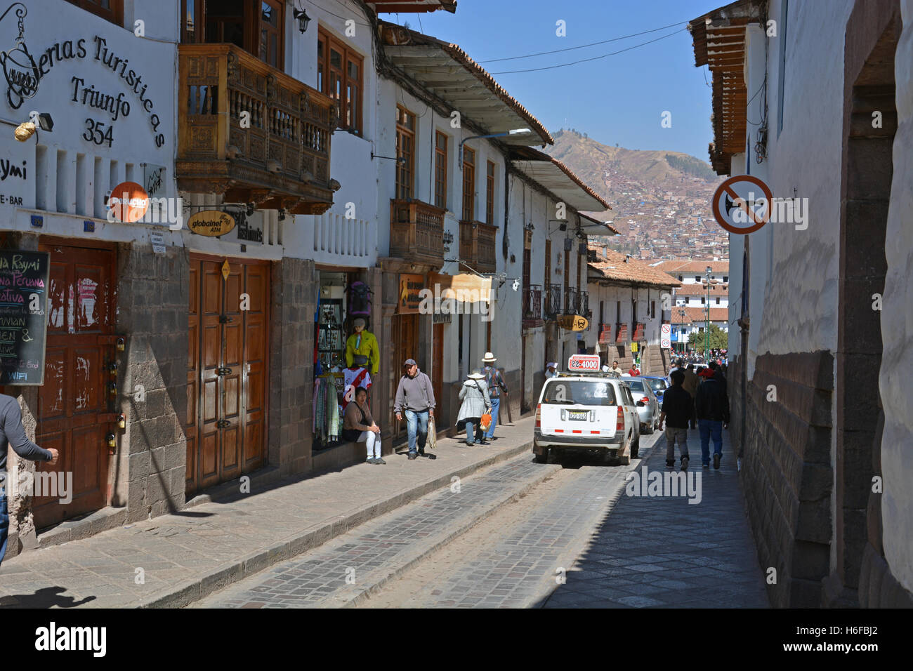 Die engen Gassen im Erholungsgebiet in Cusco Central District. Cusco ist der Ausgangspunkt für Besucher von Machu Picchu. Stockfoto