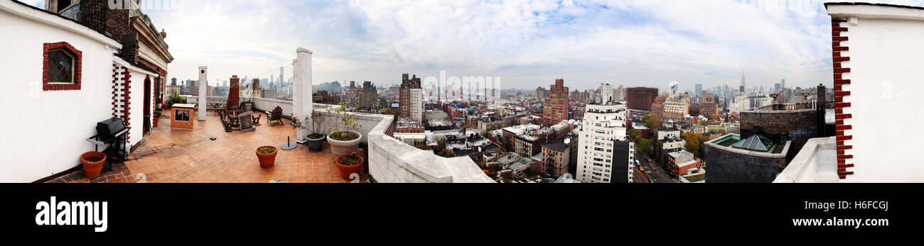 180° Panoramablick vom Norden-> Westen-> südlich von der Skyline von Manhattan aus dem West Village. Stockfoto