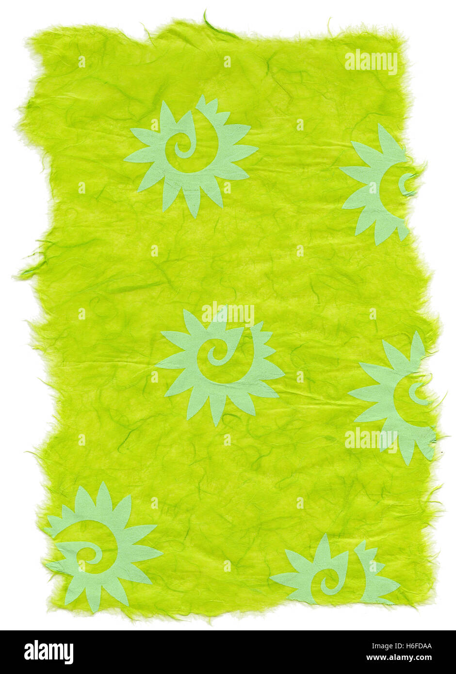 Textur des blauen Tupfen eingebettet in gelb-grün Reispapier mit einem Muster eine abstrakte Form, Verzierung der Oberfläche, wie wir Stockfoto