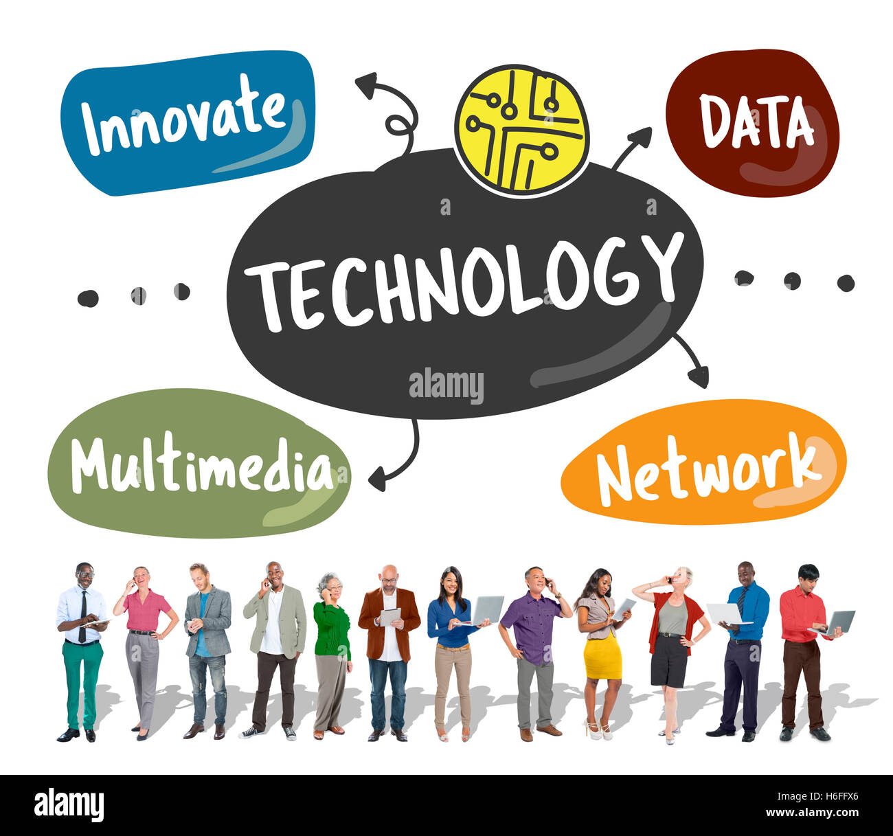 Technologie Innovation Daten Netzwerk Multimedia Worte Grafikkonzept Stockfoto