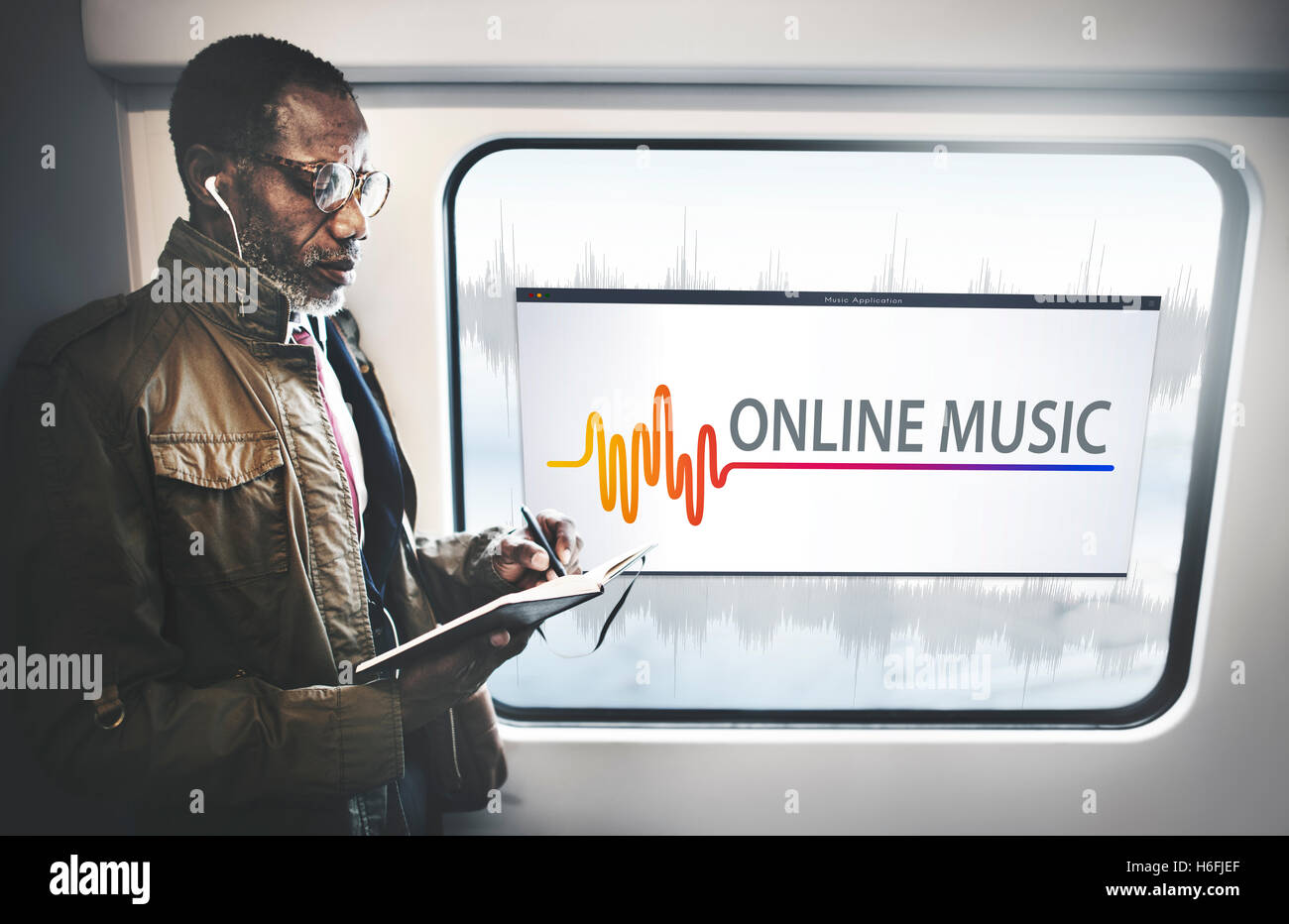 Online-Musik Audio-Musik-Streaming-Welle Grafikkonzept Stockfoto