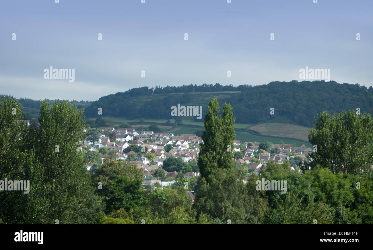 Blick nach Westen über Häuser in Sidmouth auf einer Fläche von Grüngürtel auf der Seite der Sid-Tal in Sidmouth, Devon, 2016 Stockfoto