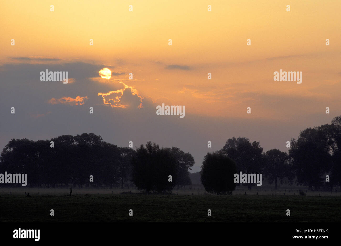 Deutschland, Niedersachsen, Sonnenaufgang in Moellenbeck in der Nähe von Rinteln. Stockfoto