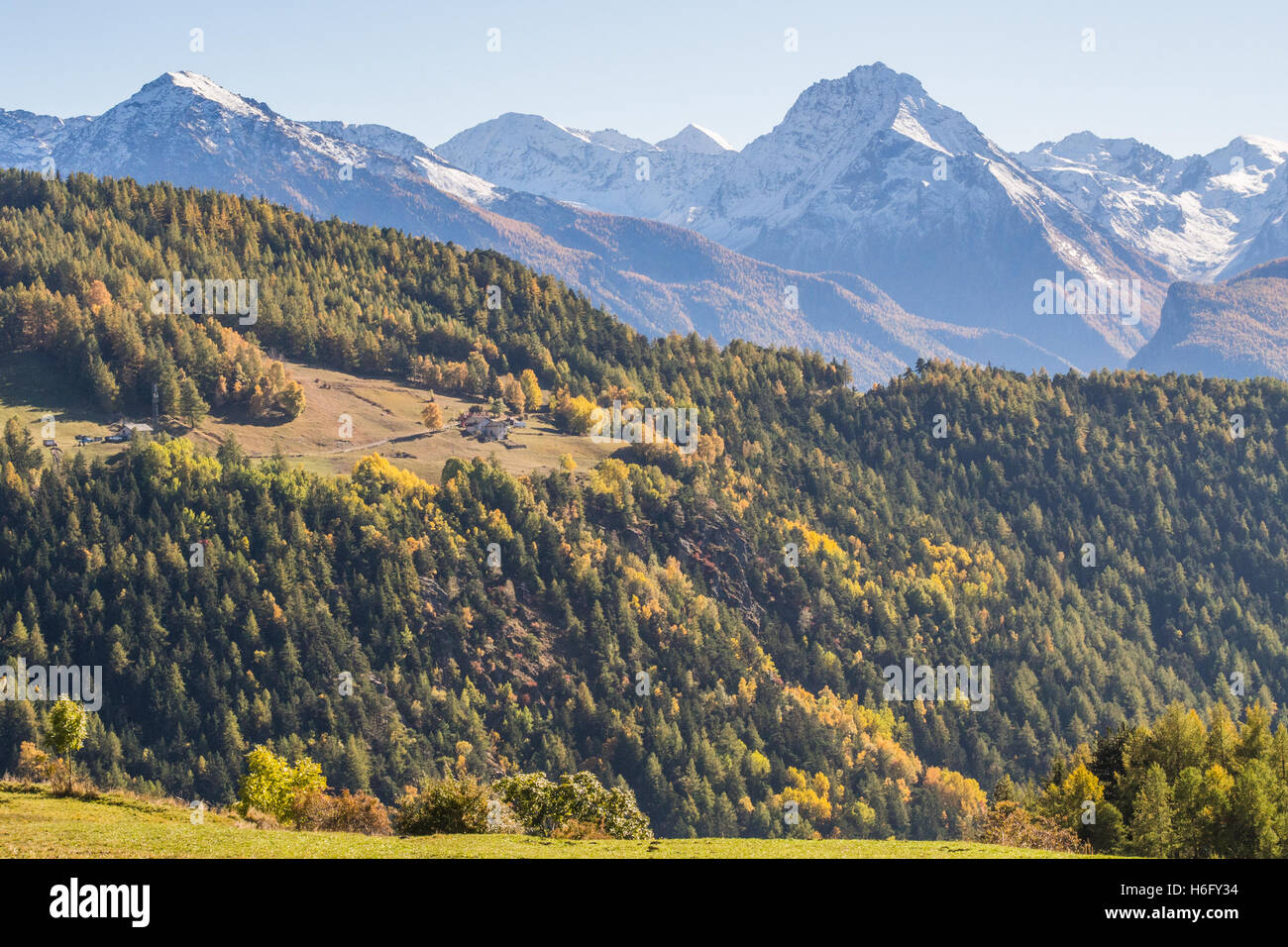 Herbstlandschaft im Aosta-Tal, Blick vom Dorf von Lignan, Italien. Stockfoto