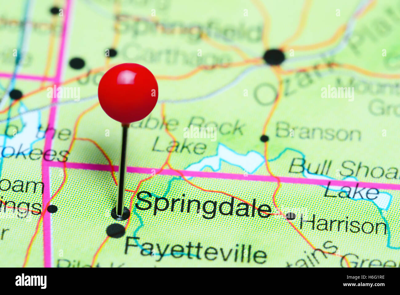 Springdale fixiert auf einer Karte von Arkansas, USA Stockfoto