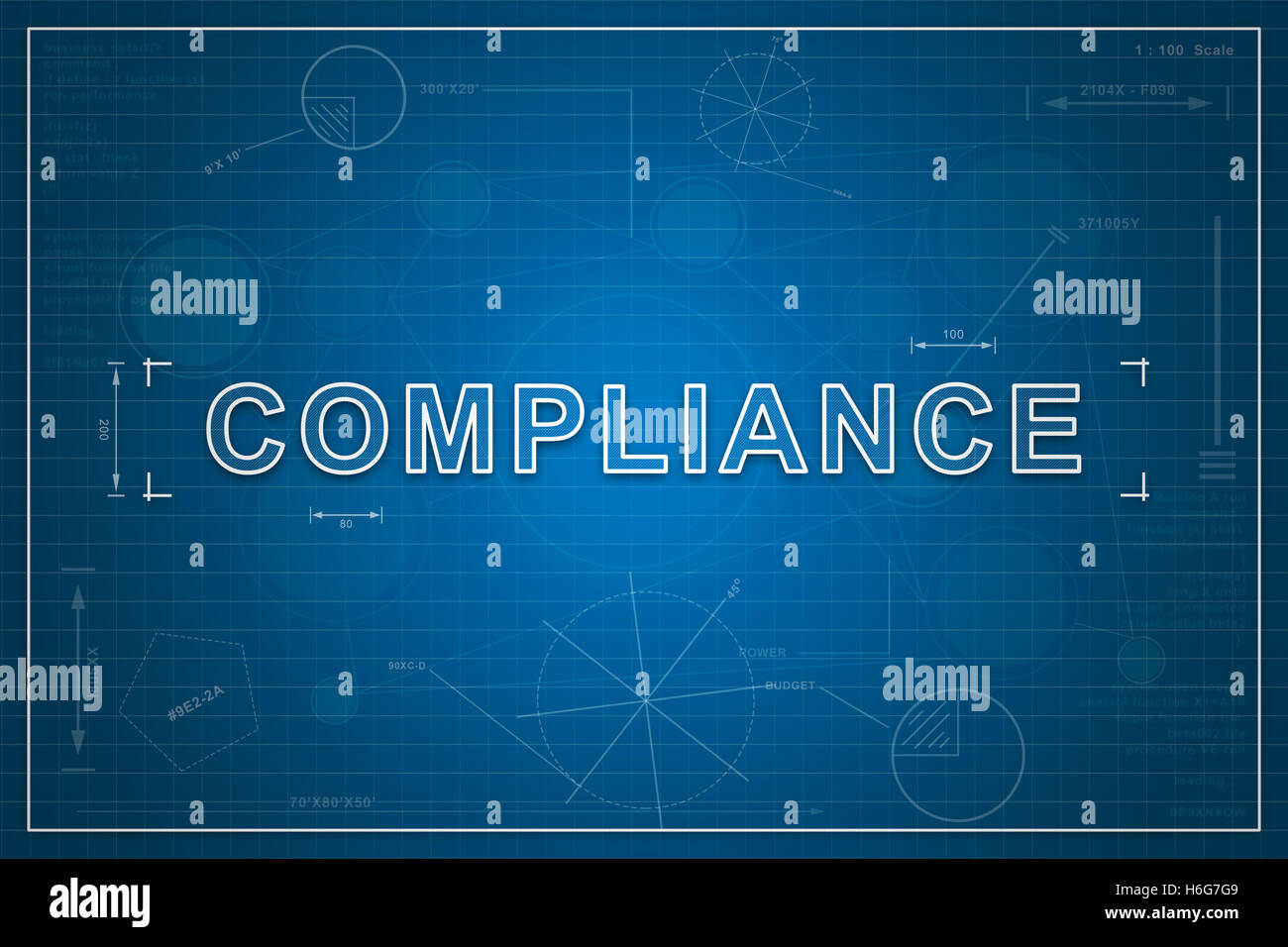 Compliance auf Blaupause Papierhintergrund, Business-Konzept Stockfoto