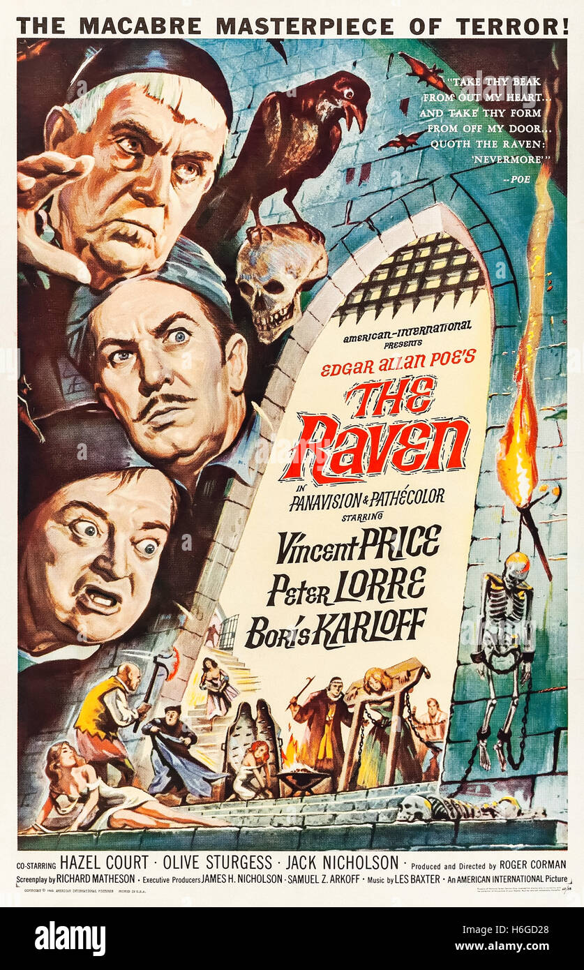 Der Rabe (1963) unter der Regie von Roger Corman und Hauptdarsteller Vincent Price, Peter Lorre und Boris Karloff. Ein Zauberer in einen Raben verwandelt sucht die Hilfe eines Assistenten. Eine Komödie, lose basierend auf "The Raven" von Edgar. Stockfoto