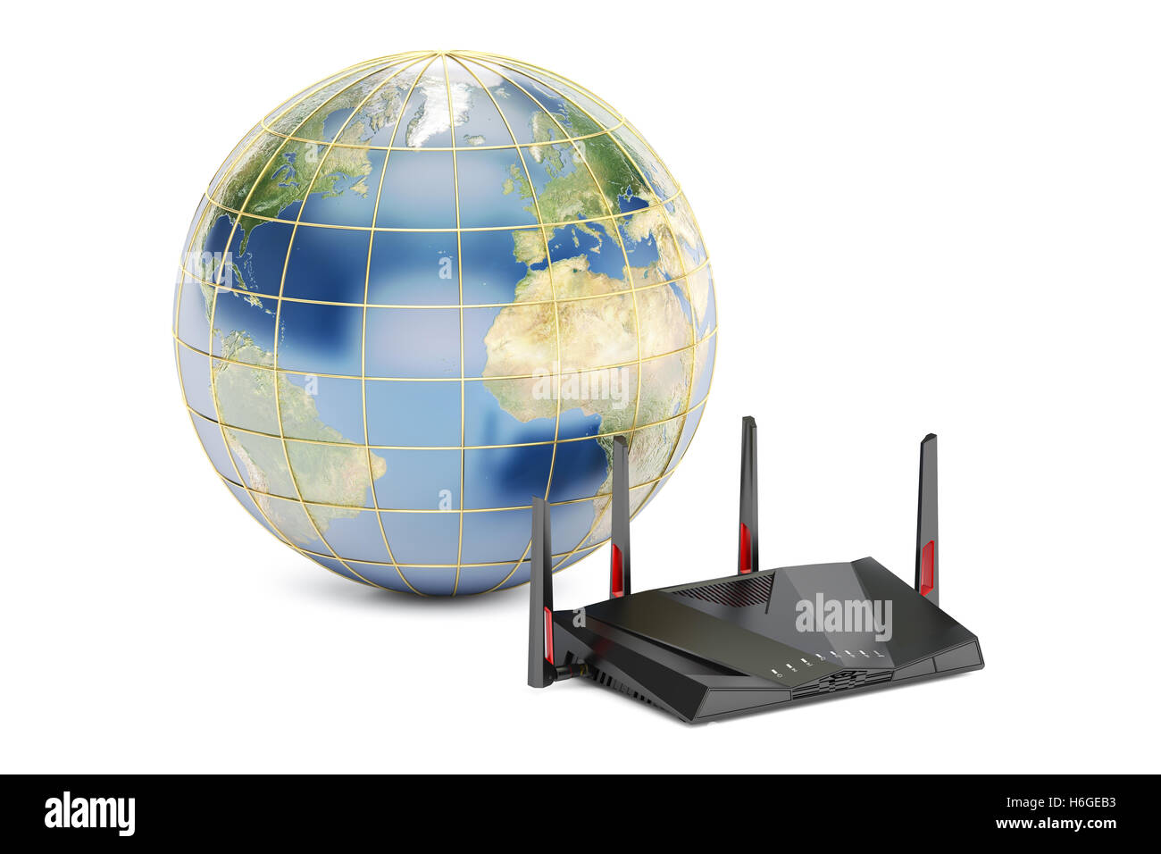 globale Verbindung Vernetzungskonzept, Erde mit modernen Router. 3D-Rendering isoliert auf weißem Hintergrund Stockfoto