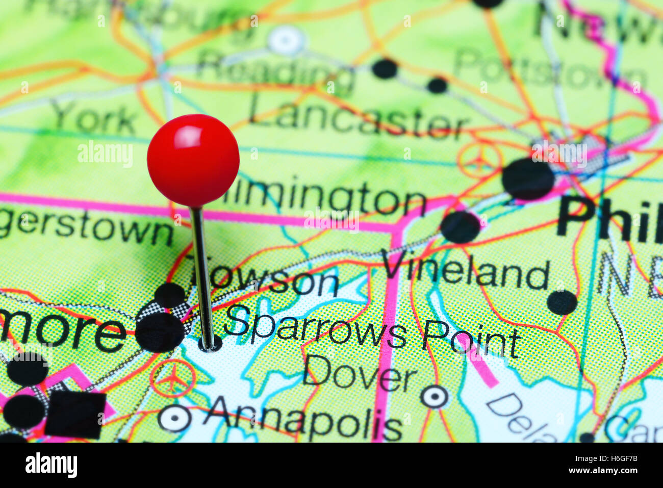 Spatzen Punkt fixiert auf einer Karte von Maryland, USA Stockfoto
