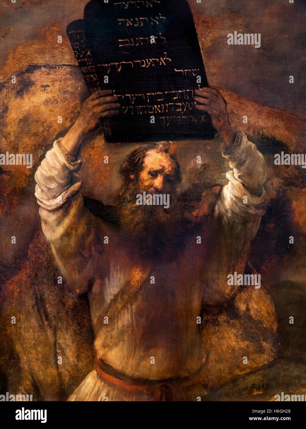 Moses brechen die Gesetzestafeln von Rembrandt van Rijn, Öl auf Leinwand, 1659. Die Malerei Depicst Moses Zerschlagung der Tabletten auf denen Gott die zehn Gebote geschrieben hatte. Stockfoto