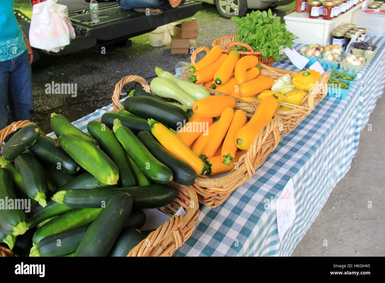 Langer Tisch mit blauem und weißem Schachbretttuch, mit frischem Gemüse aus hausgemachtem Garten auf dem Bauernmarkt im Freien in der Stadt. Stockfoto