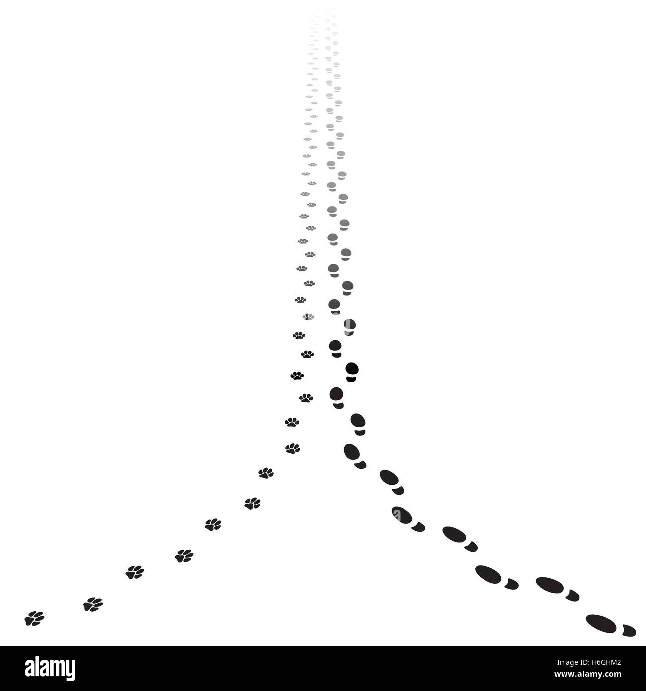 Mensch und Hund Strecken zu Fuß entfernt. Abbildung der zurückweichenden Fußabdrücke mit Textfreiraum. Vektor-EPS10. Stock Vektor