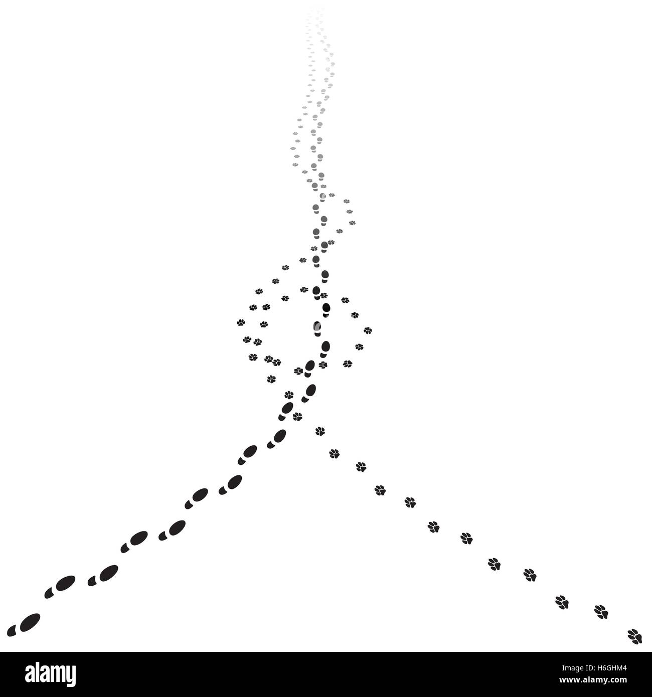 Mensch und Hund Strecken zu Fuß entfernt. Abbildung der zurückweichenden Fußabdrücke mit Textfreiraum. Vektor-EPS10. Stock Vektor