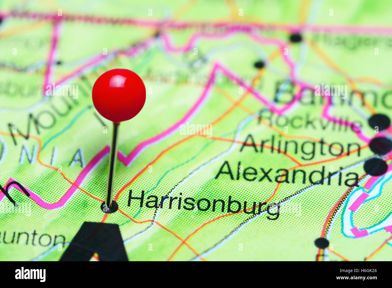 Harrisonburg, fixiert auf einer Karte von Virginia, USA Stockfoto