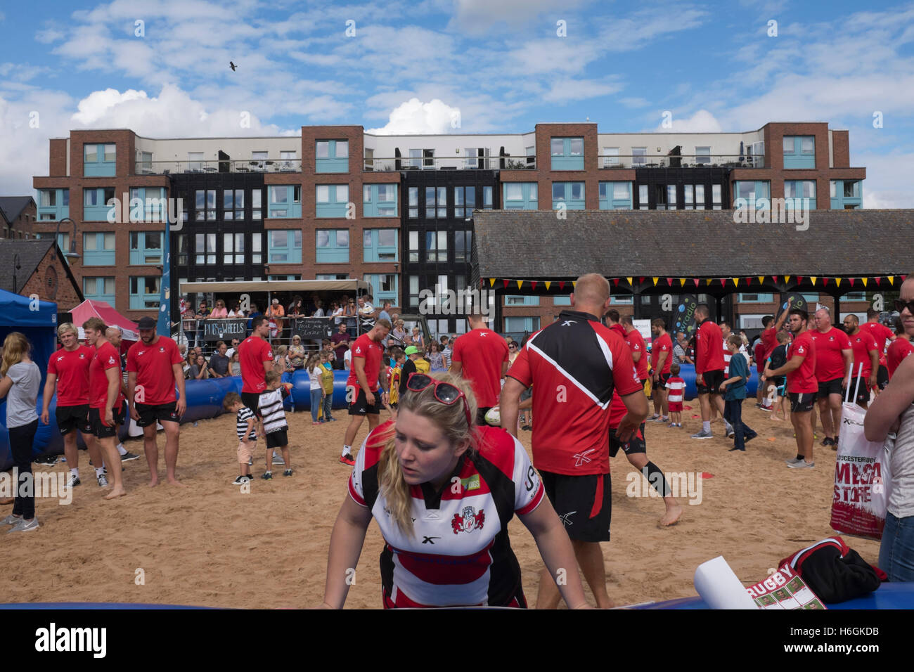 Beach Rugby-Wochenende in Gloucester Docks, Südengland Stockfoto