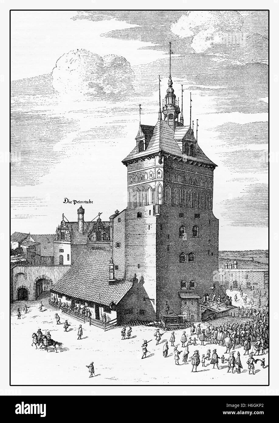 Jahre 1686 Gdansk (Danzig) Gefängnis Turm und Folterkammer. Die komplexe ehemalige Teil der Stadtbefestigung wurde im XVI. Jahrhundert als Gefängnis mit dem kleineren Gebäude als Folterkammer umgebaut. Stockfoto