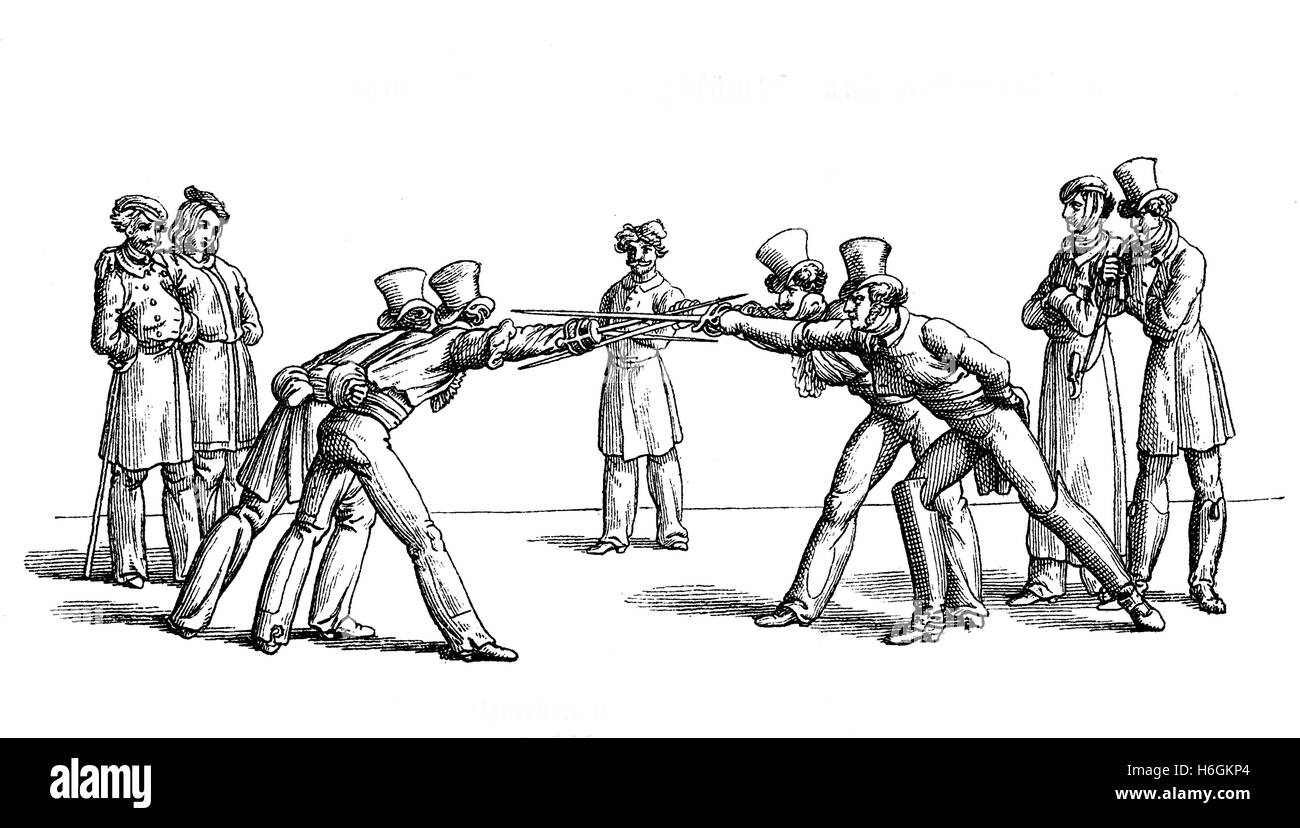 XVIII Jahrhundert, Duell, Studenten sehr beliebte Aktivität in Deutschland, einen Weg zu zeigen, Mut und Tapferkeit. Stockfoto