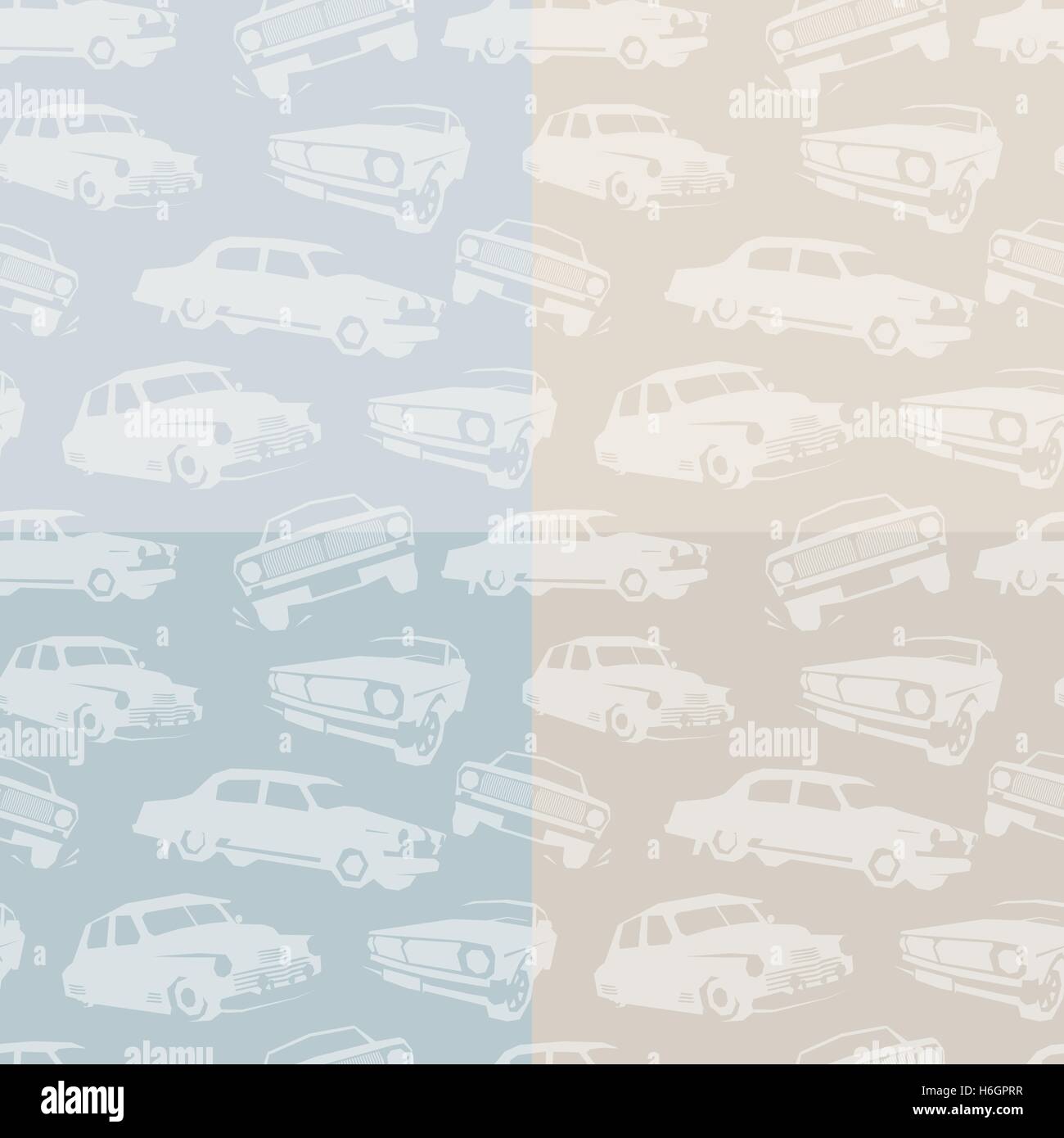 Isolierte abstrakte weiße Farbe Retro-Autos auf der blauen und rosa Hintergrundmuster. Automobile Kulisse. Kinder Tapete. Vektor-Illustration. Stock Vektor