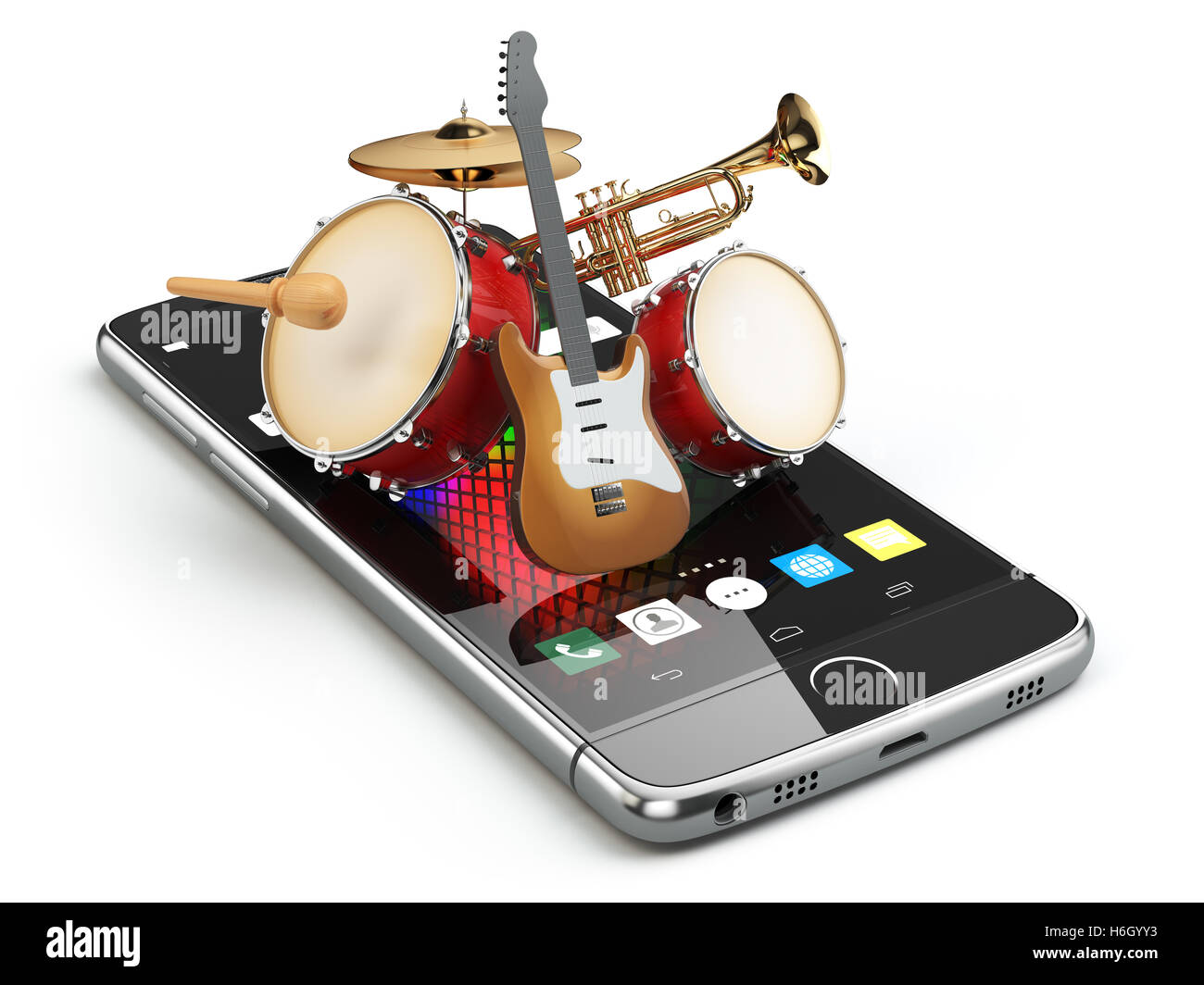 Handy und Musikinstrumente. Gitarre, Schlagzeug und Trompete. Digitale Musik Komponist ca. 3D-Illustration Stockfoto