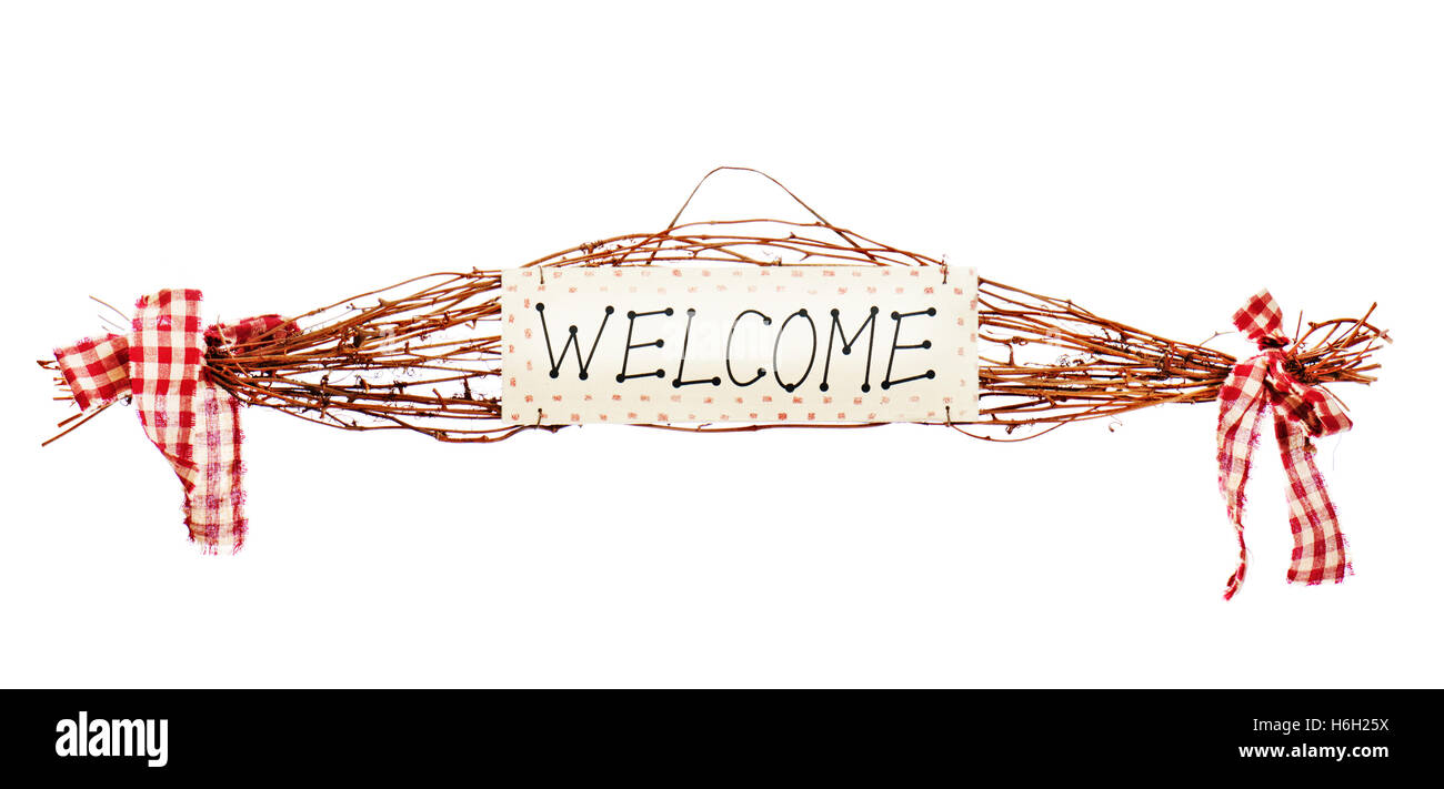 Willkommensschild isoliert auf weißem Hintergrund. Closeup. Stockfoto
