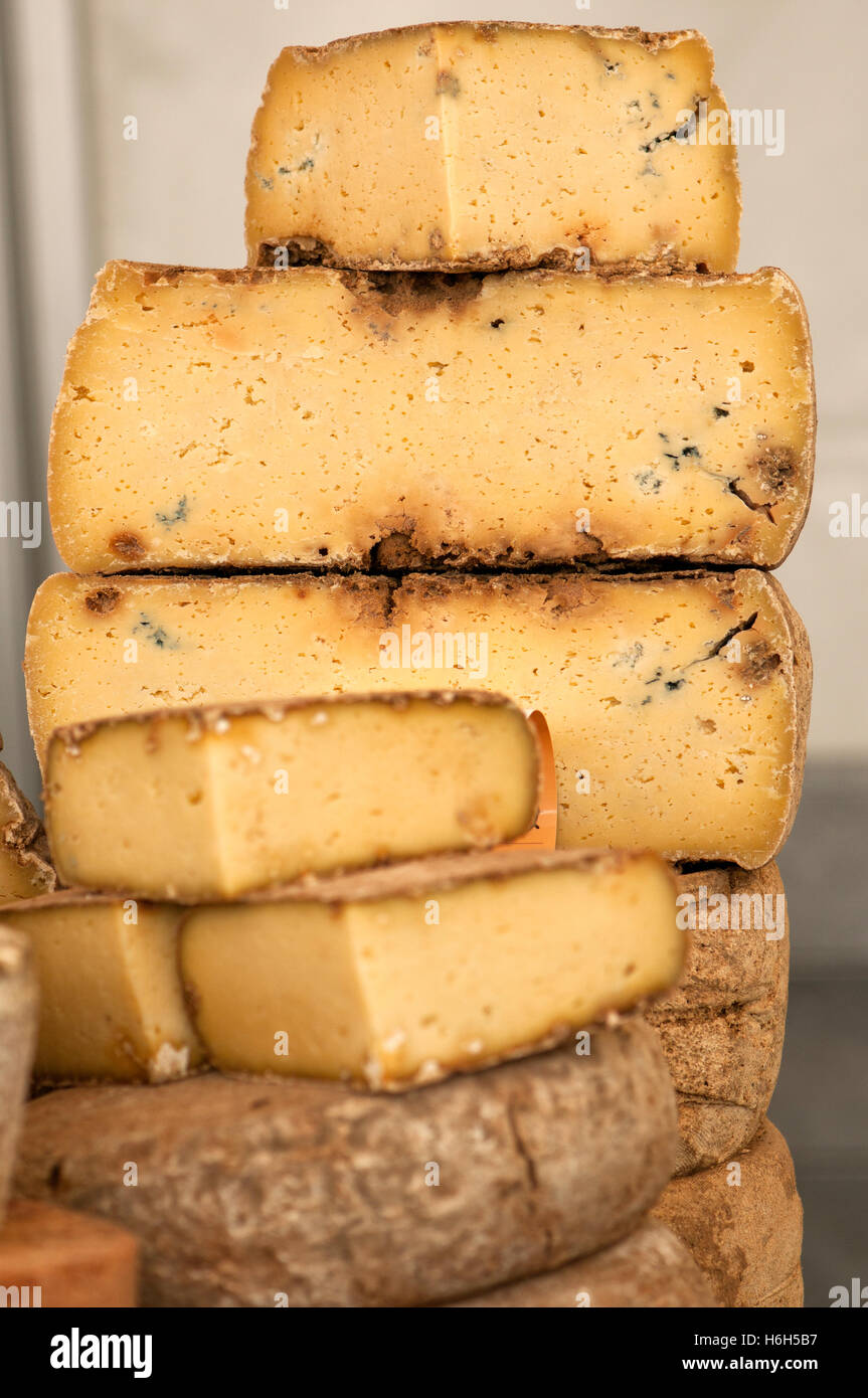 Haufen von reifem Käse in Moncalvo Messe, Piemont (Italien) Stockfoto