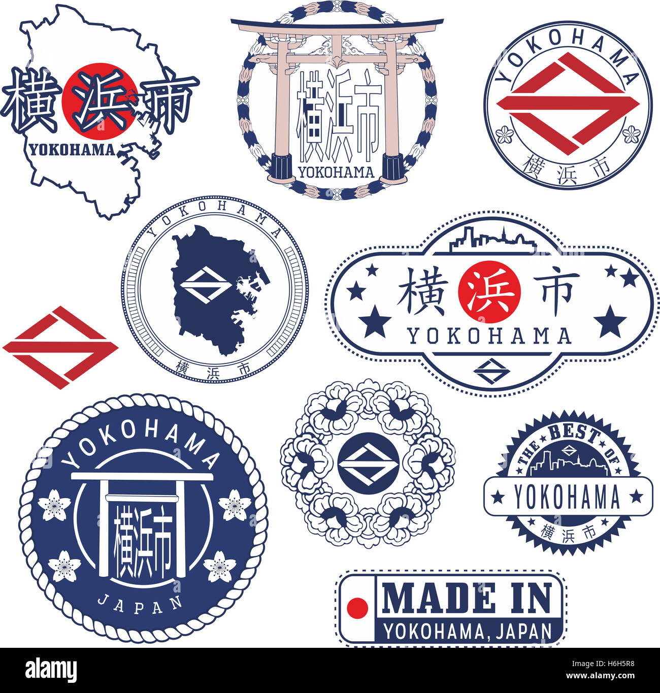 Stadt von Yokohama, Japan. Reihe von generischen Marken und Zeichen inklusive Stadtplan, Emblem Elemente und japanischen Hieroglyphe Yokohama na Stockfoto