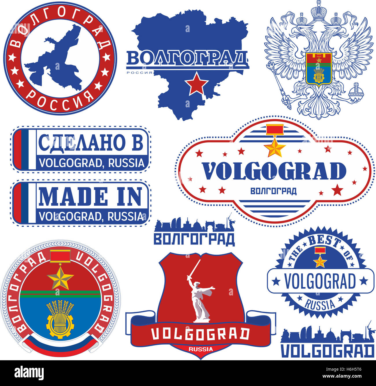 Wolgograd, Russland. Eingestellt von generischen Marken und Zeichen einschließlich Elemente der Wappen der Stadt und Lage der Stadt auf Volgograd Stockfoto