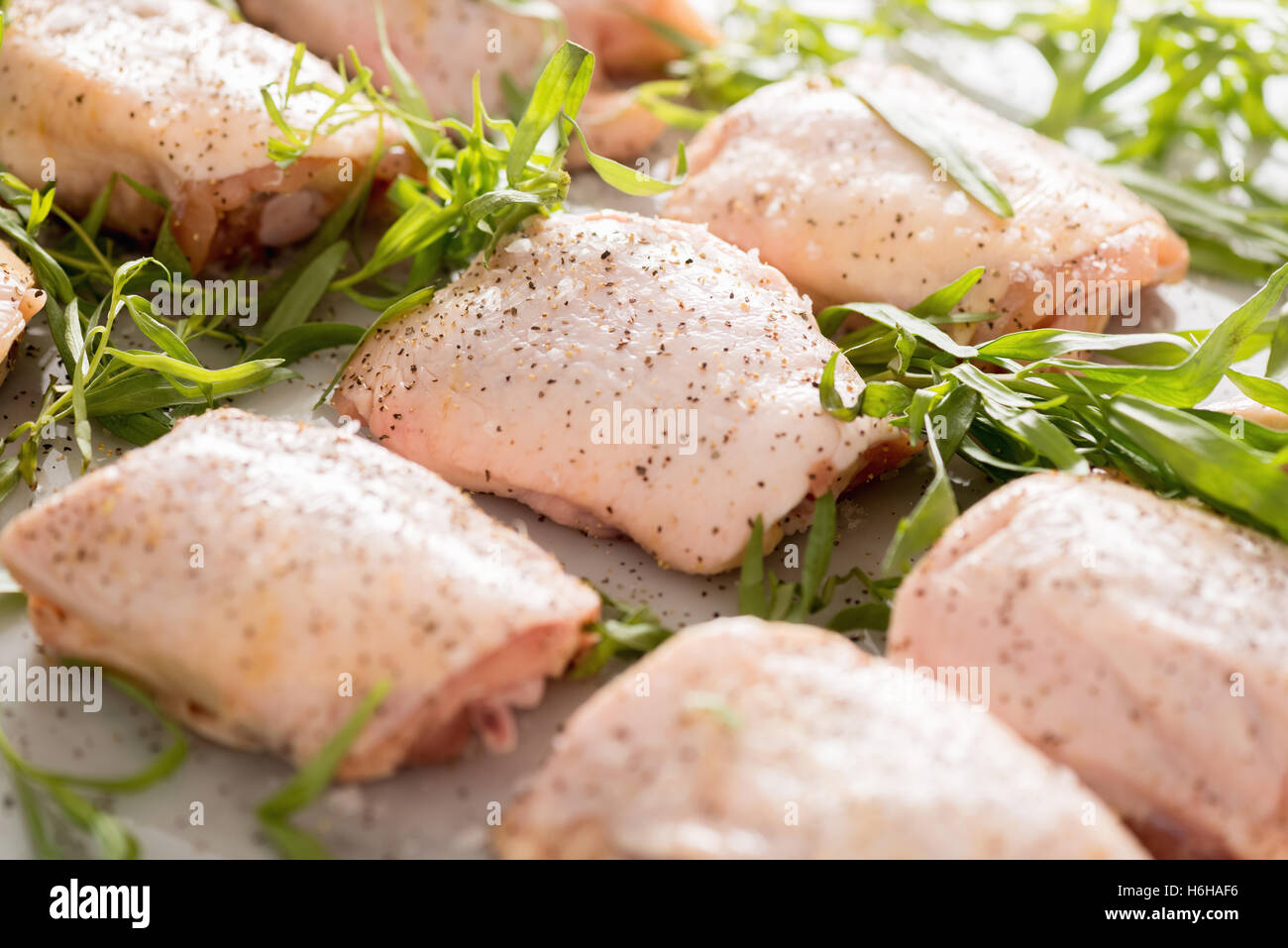 Rohe Hähnchenschenkel mit Estragon und Gewürzen bereit, für das Abendessen zu kochen Stockfoto