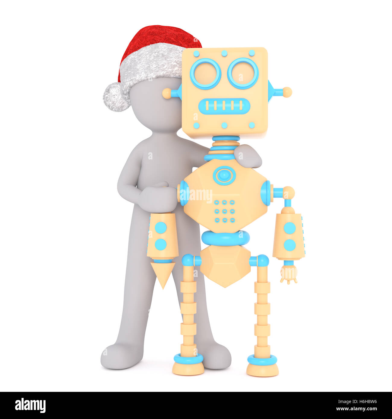 Kleine 3d Mann mit seinem Roboter-Freund hielt ihn um die Schultern als sie Stand vor der Kamera machen Abbildung Stockfoto