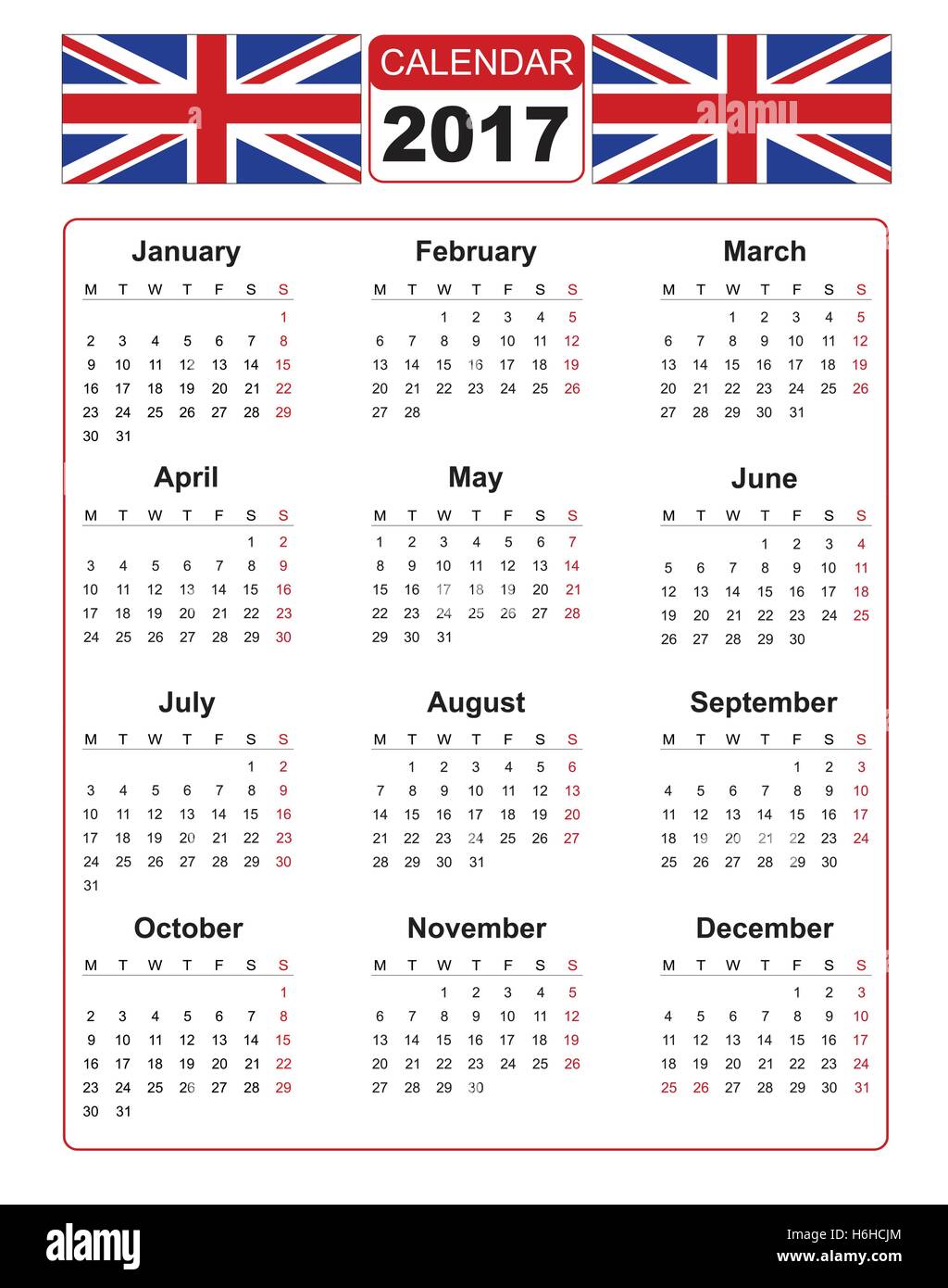 Kalender für das Jahr 2017 auf weißem Hintergrund mit zwei Vektor-Bild der united Kindom Flagge. Vektor-EPS10. Stock Vektor