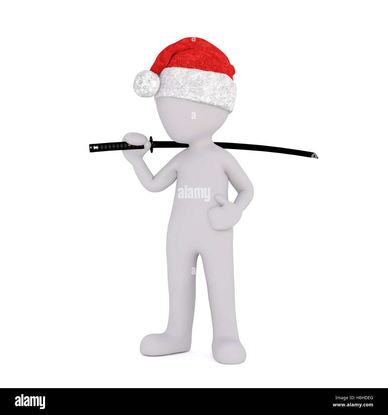 3D illustrierte Mann steht mit Ninja-Schwert gegen seinen Hals und trägt Weihnachtsmütze Stockfoto