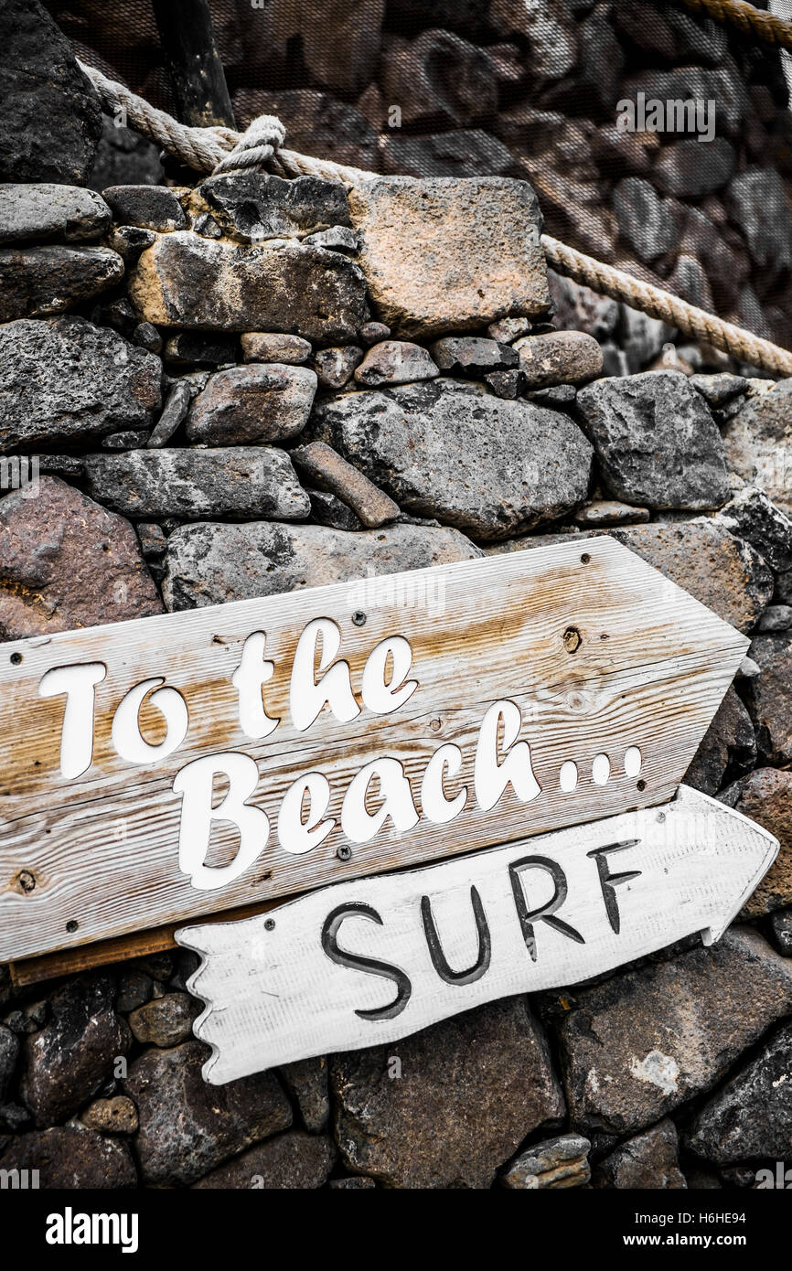 Zeichen, Strand und Surfen, Lanzarote, Kanarische Inseln, Spanien Stockfoto