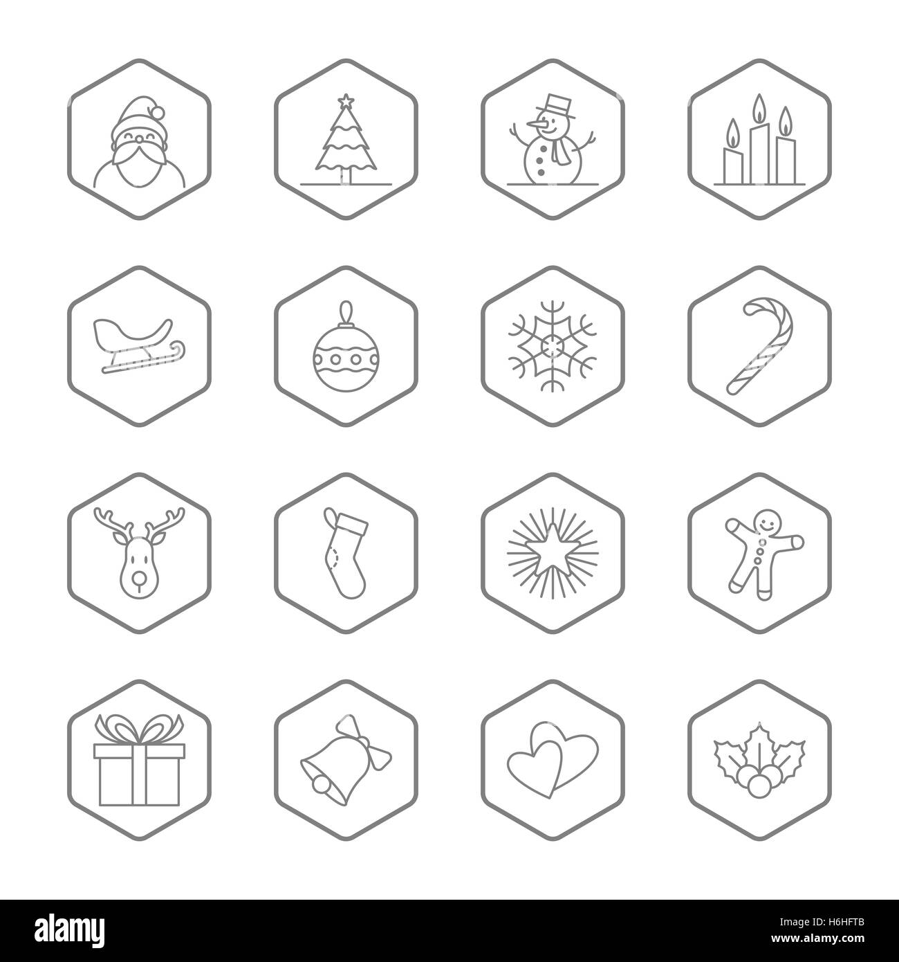 Weihnachten und Neujahr Symbolsatz Illustration - grauen Umriss mit Sechseck-Rahmen Stockfoto