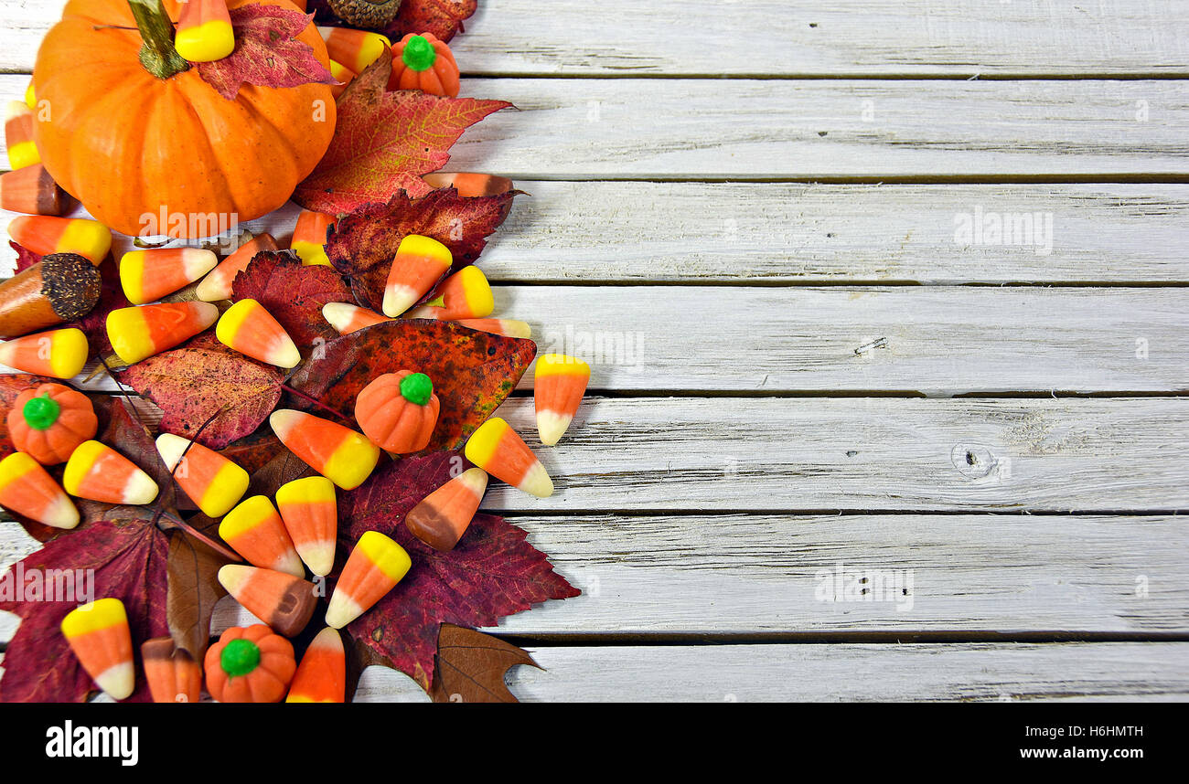 Herbst Süßigkeitmais und Blätter mit Orange Kürbis auf graues Holz Stockfoto