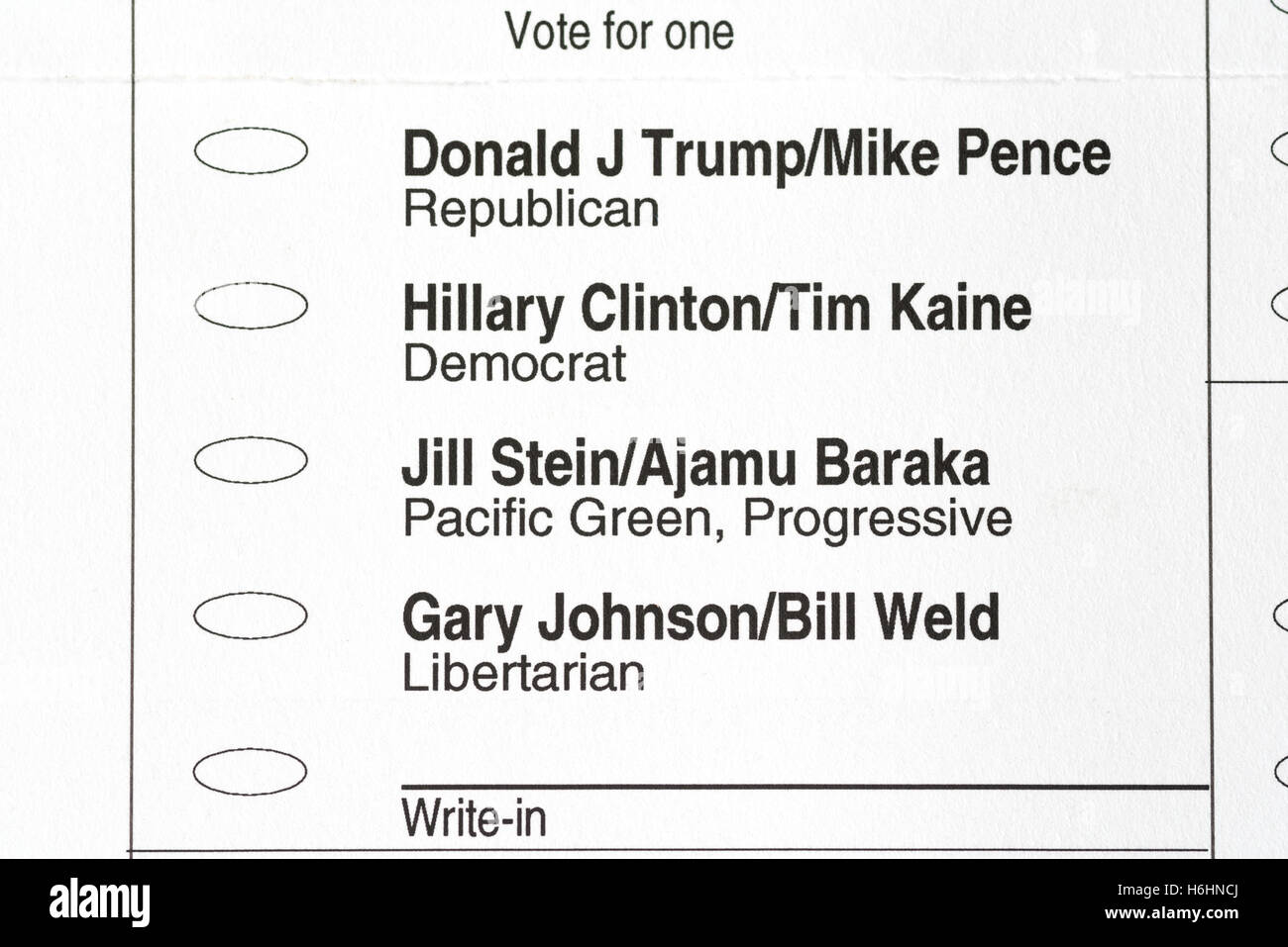 2016 amerikanischen Präsidentschaftswahl Stimmzettel. Stockfoto