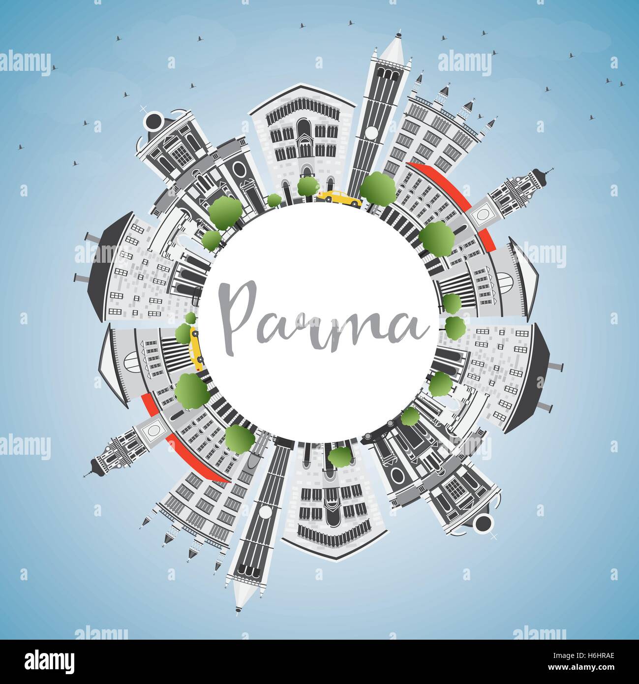 Parma-Skyline mit grauen Gebäuden, blauer Himmel und Textfreiraum. Vektor-Illustration. Geschäftsreisen und Tourismus-Konzept Stock Vektor