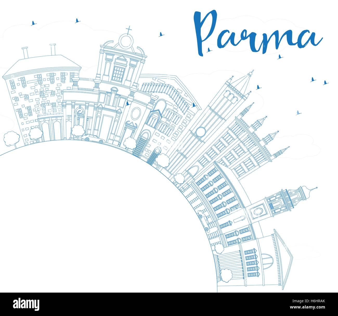 Umriss Parma mit blauen Gebäuden und textfreiraum Skyline. Vektor-Illustration. Geschäftsreisen und Tourismus-Konzept Stock Vektor